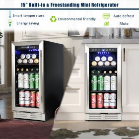 Built-in and Freestanding 15" Mini Beverage Refrigerator/Wine Cabinet, 120 Cans, 34-65°F, Quiet, Adjustable Shelves, LED Lighting, ETL , Touch Contro