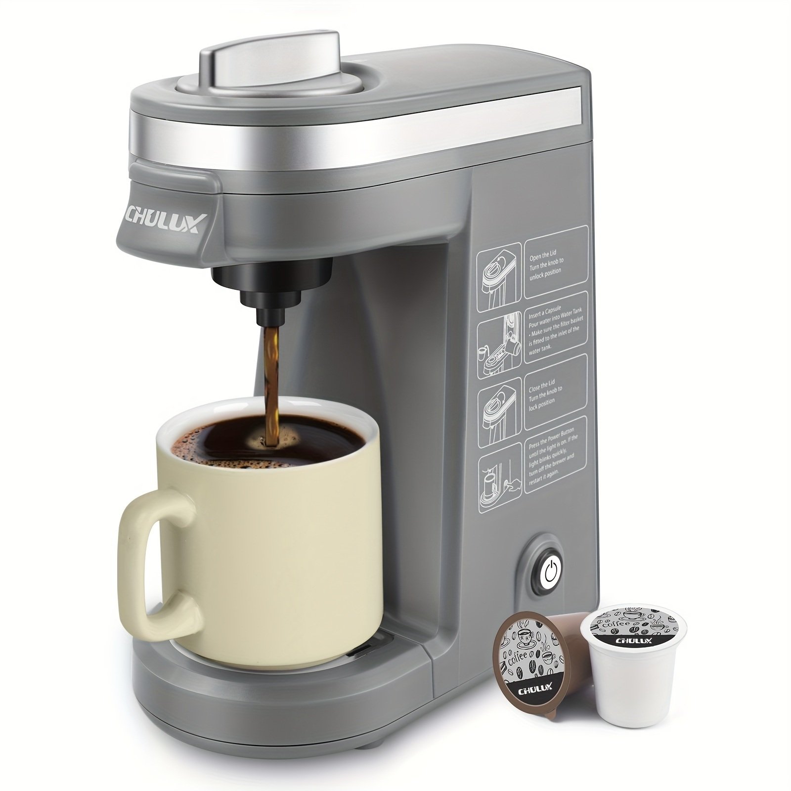 CHULUX Single Serve Coffee Brewer for Pod Capsule with 12 Ounce Built-in Water Tank,800 Watts,Gray CHULUX Single Serve Coffee Brewer for Pod Capsule with 12 Ounce Built-in Water Tank,800 Watts,Gray